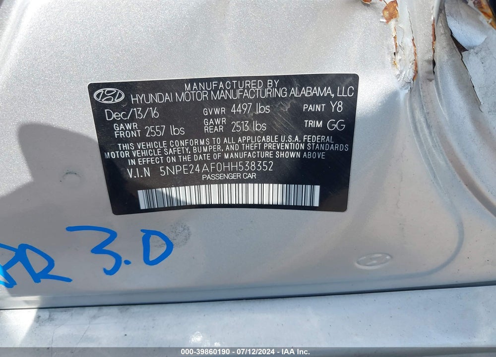 2017 HYUNDAI SONATA VIN: 5NPE24AF0HH538352