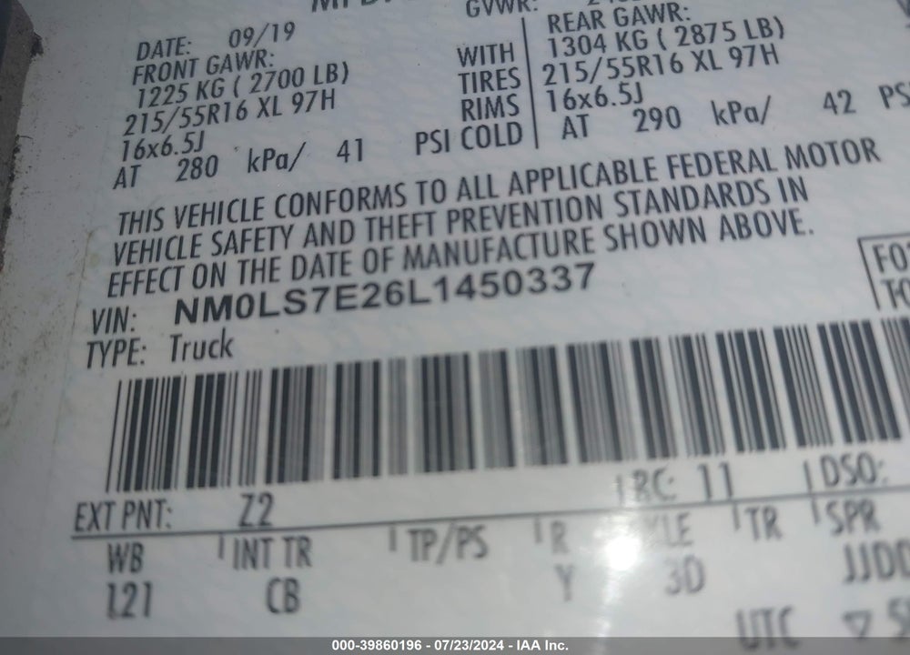 2020 FORD TRANSIT CONNECT XL VIN: NM0LS7E26L1450337
