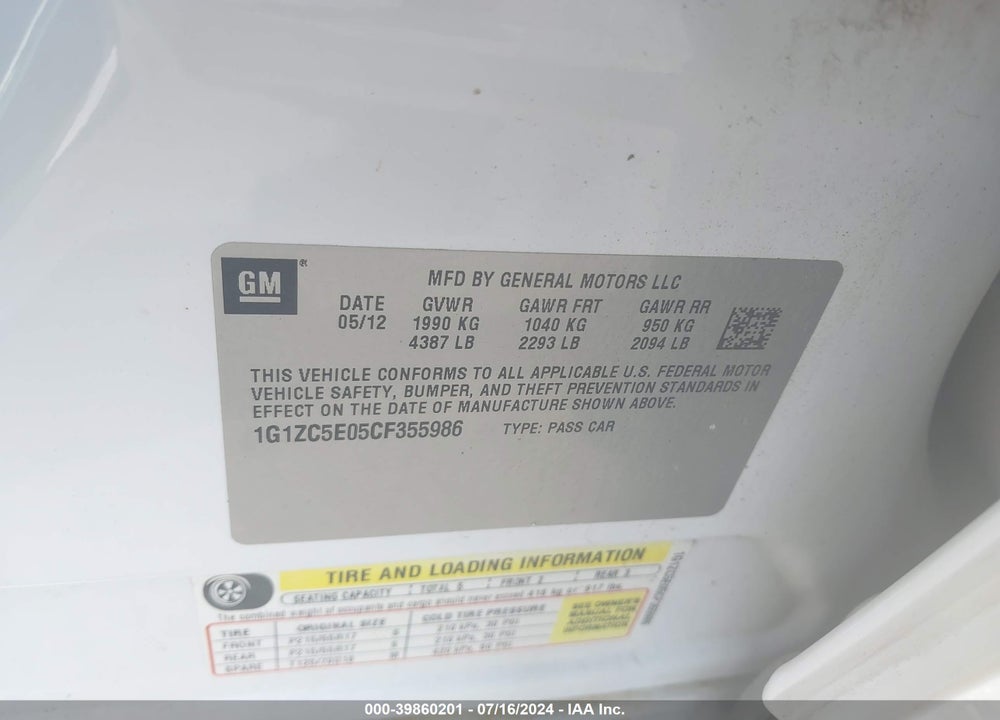 2012 CHEVROLET MALIBU 1LT VIN: 1G1ZC5E05CF355986