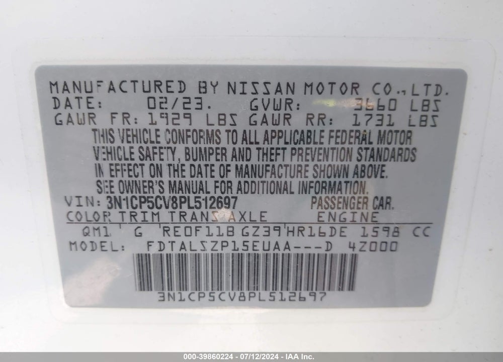 2023 NISSAN KICKS SV XTRONIC CVT VIN: 3N1CP5CV8PL512697