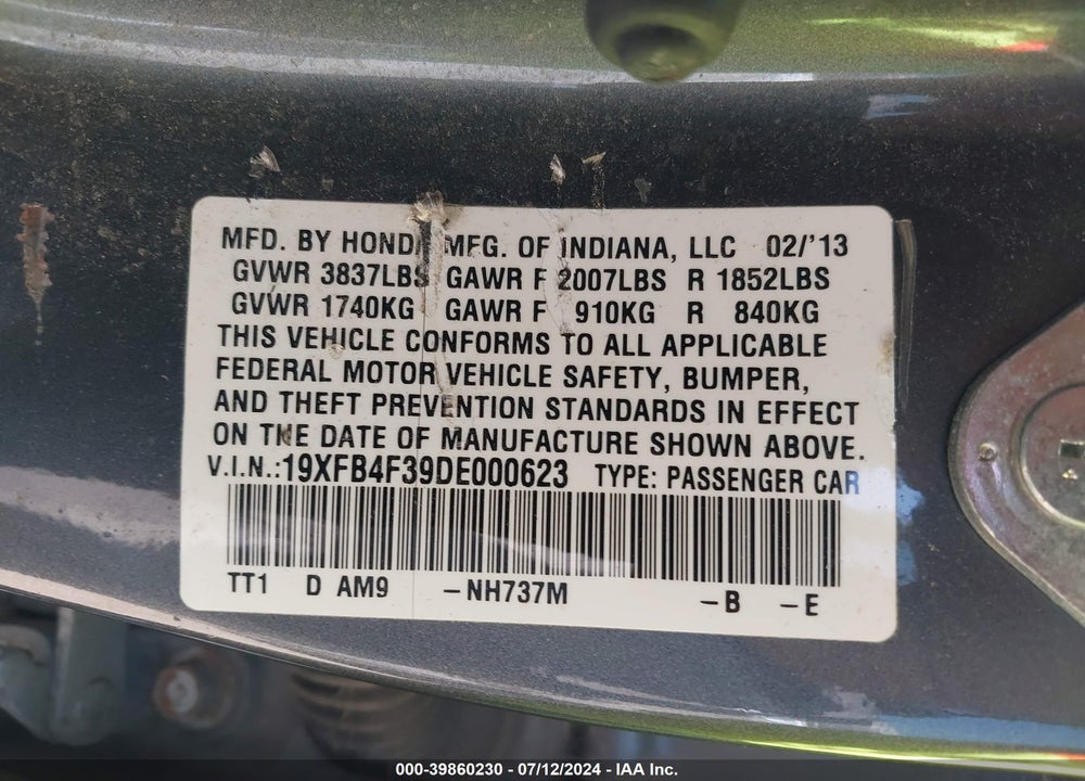 2013 HONDA CIVIC HYBRID VIN: 19XFB4F39DE000623