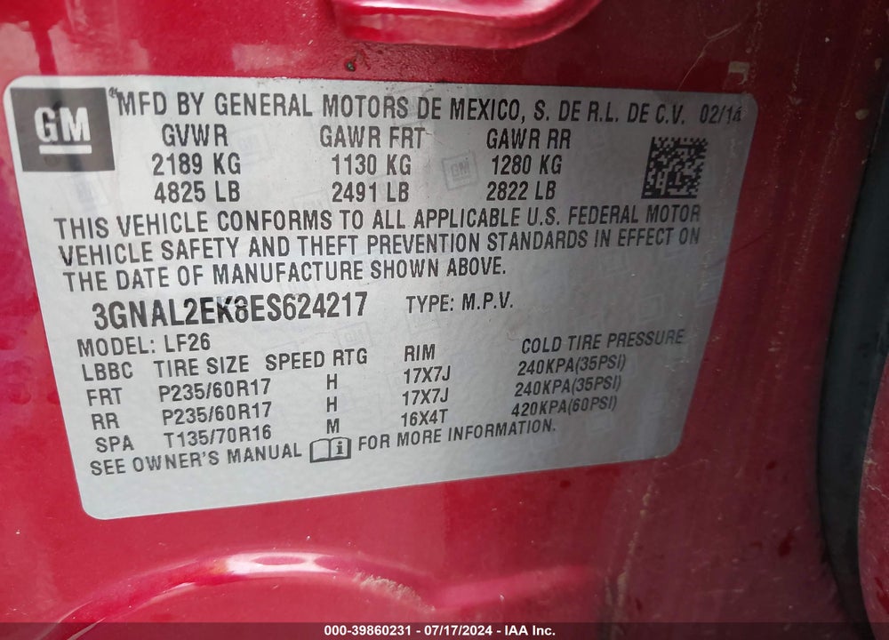 2014 CHEVROLET CAPTIVA SPORT VIN: 3GNAL2EK8ES624217