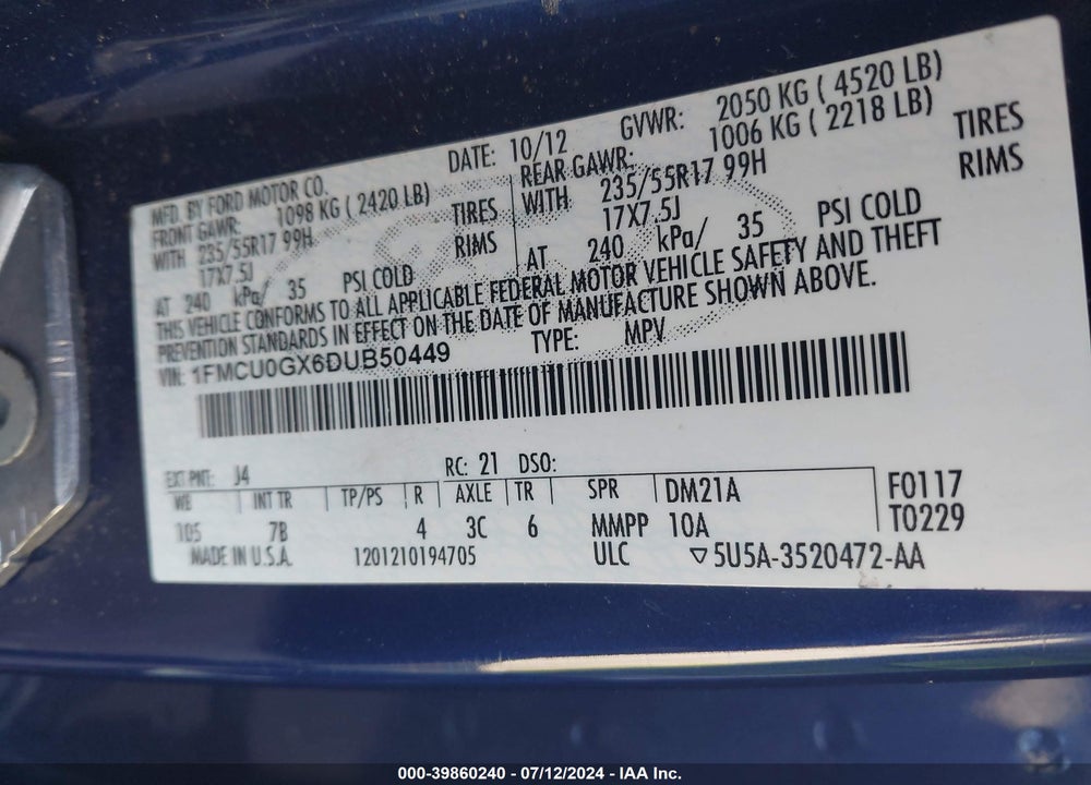 2013 FORD ESCAPE SE VIN: 1FMCU0GX6DUB50449