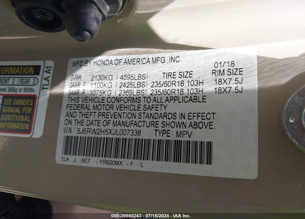 2018 HONDA CR-V EX VIN: 5J6RW2H5XJL007338