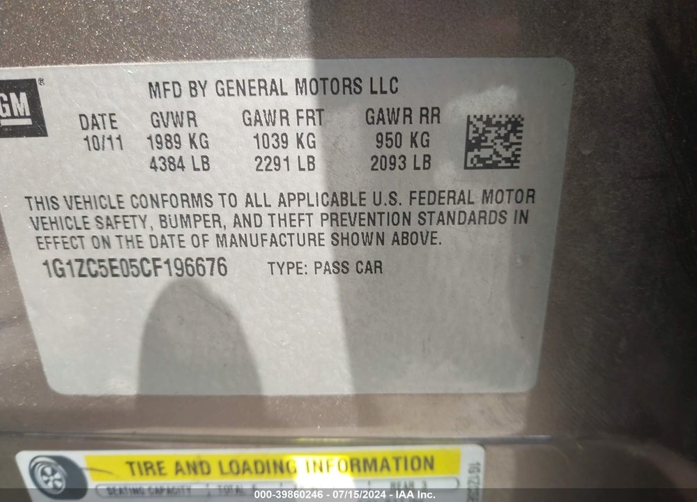 2012 CHEVROLET MALIBU 1LT VIN: 1G1ZC5E05CF196676