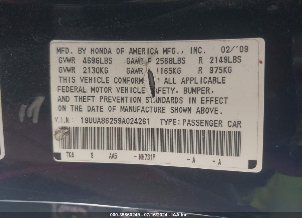 2009 ACURA TL 3.5 VIN: 19UUA86259A024261