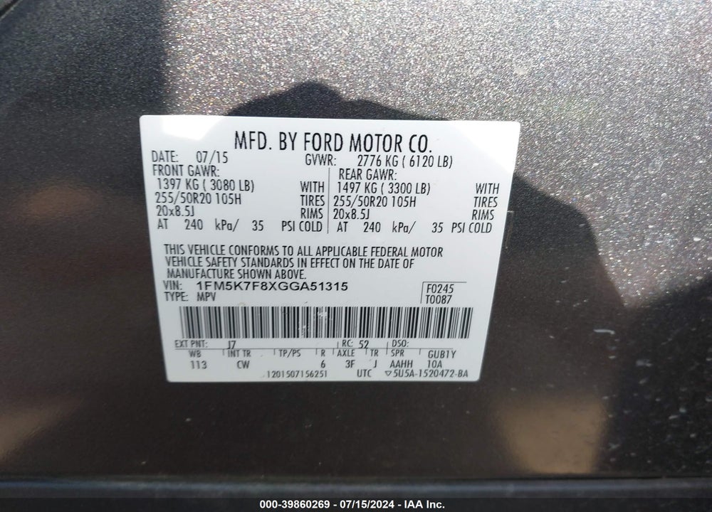 2016 FORD EXPLORER VIN: 1FM5K7F8XGGA51315