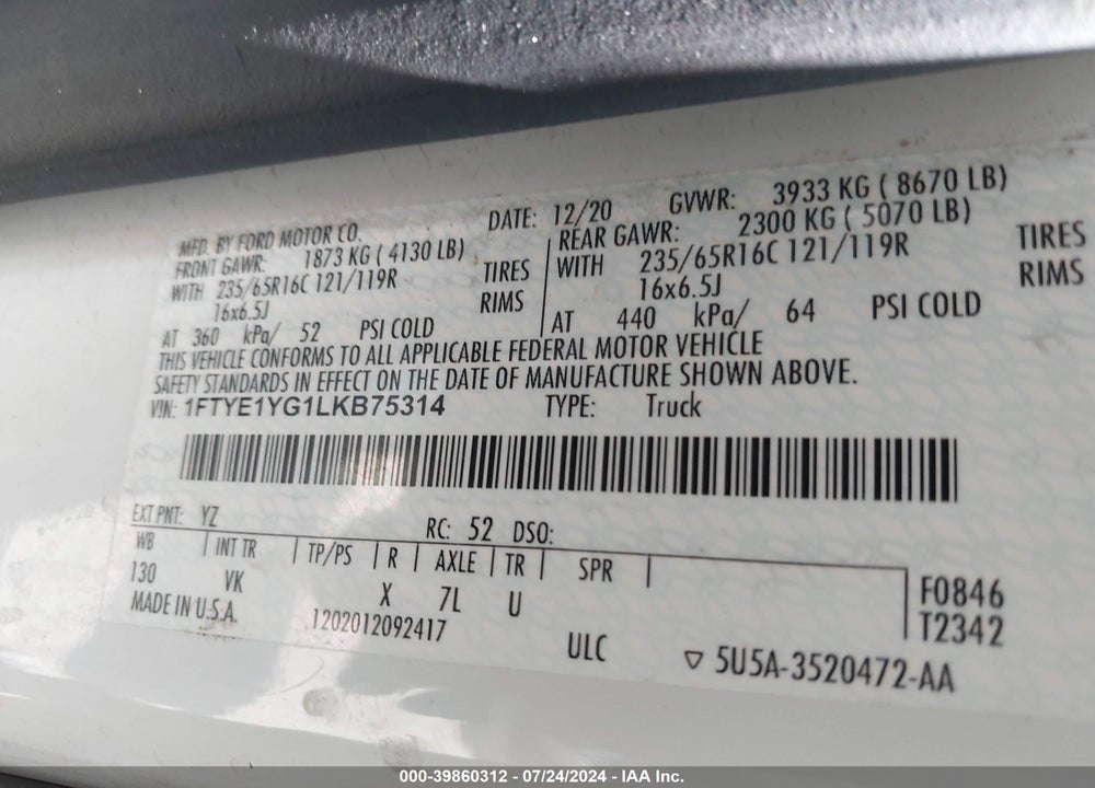 2020 FORD TRANSIT-150 VIN: 1FTYE1YG1LKB75314