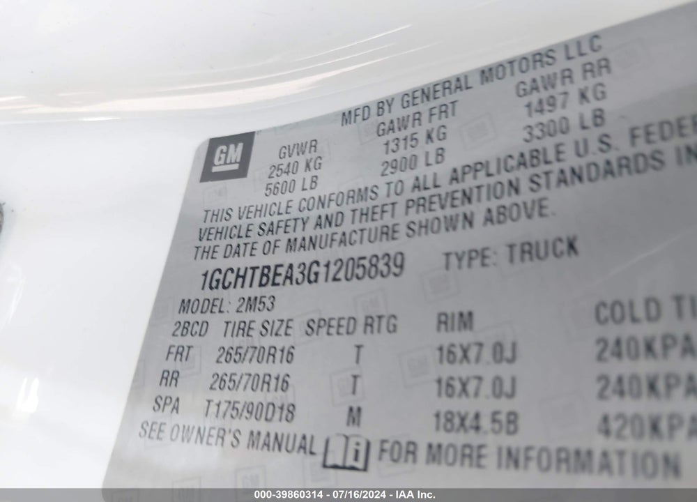 2016 CHEVROLET COLORADO WT VIN: 1GCHTBEA3G1205839