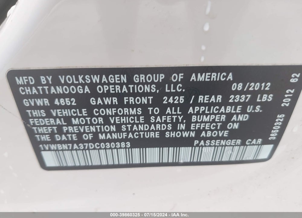 2013 VOLKSWAGEN PASSAT 2.0L TDI SE VIN: 1VWBN7A37DC030383