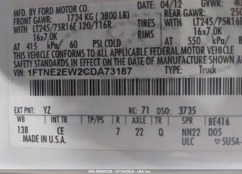 2012 FORD E-250 COMMERCIAL VIN: 1FTNE2EW2CDA73187