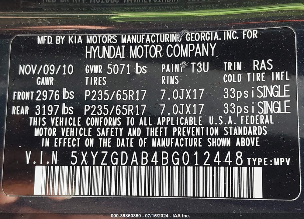 2011 HYUNDAI SANTA FE GLS VIN: 5XYZGDAB4BG012448