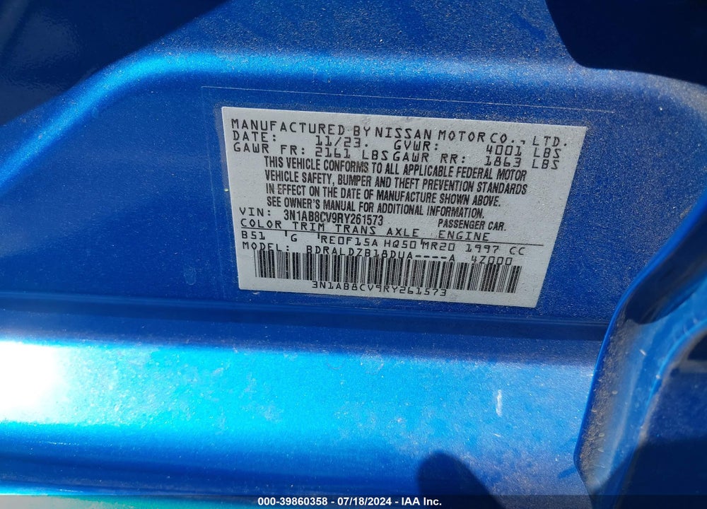 2024 NISSAN SENTRA SV XTRONIC CVT VIN: 3N1AB8CV9RY261573