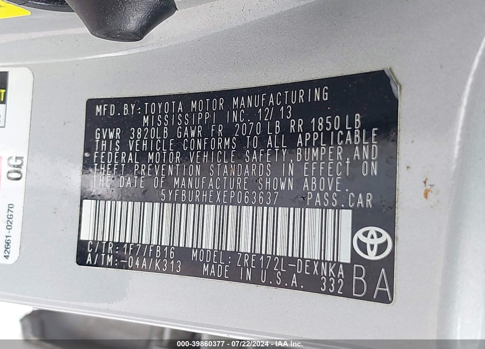 2014 TOYOTA COROLLA LE VIN: 5YFBURHEXEP063637