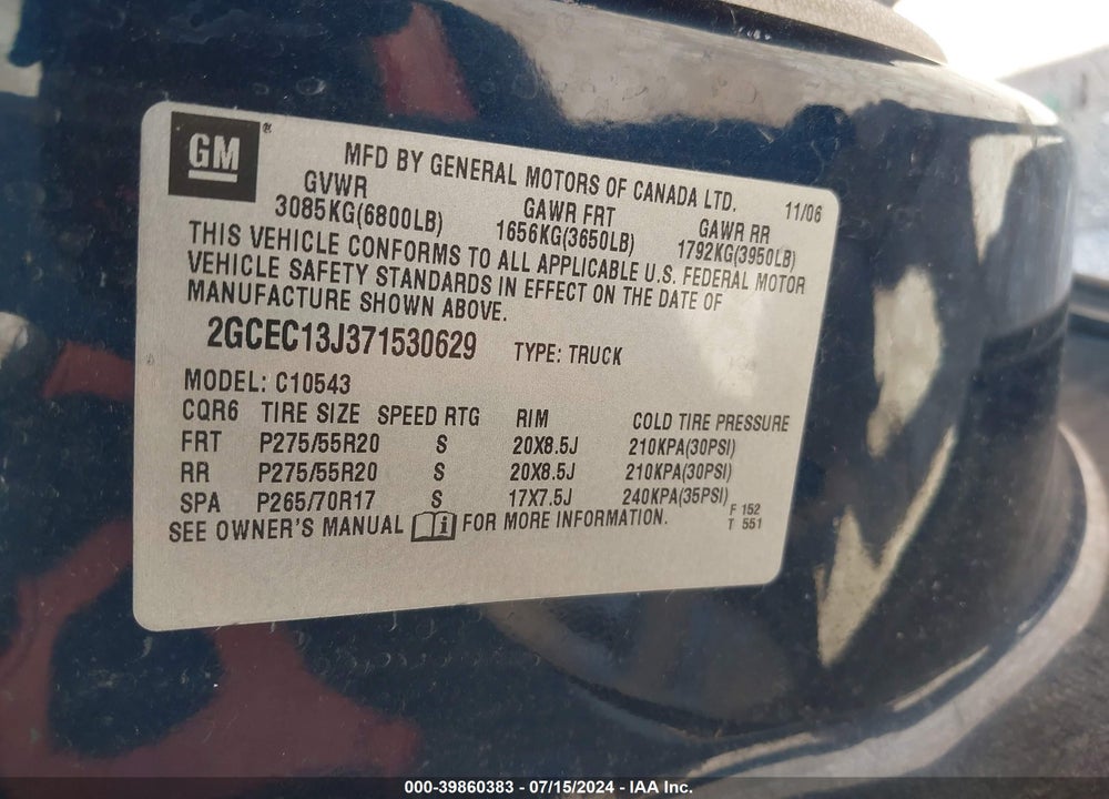 2007 CHEVROLET SILVERADO 1500 LT1 VIN: 2GCEC13J371530629
