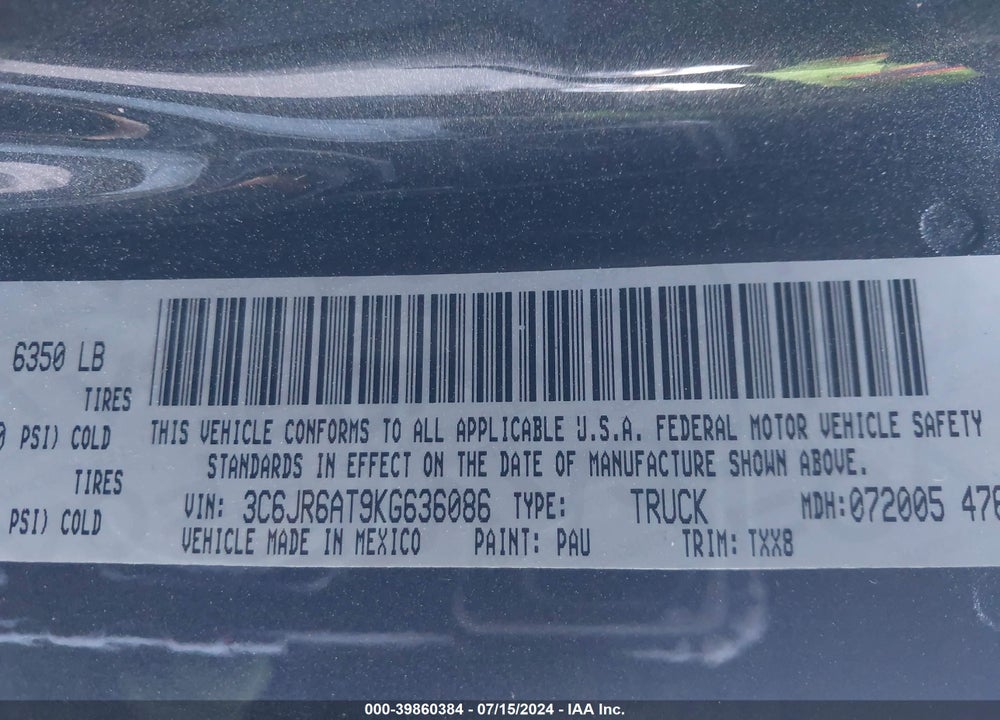 2019 RAM 1500 CLASSIC TRADESMAN REGULAR CAB 4X2 6'4 BOX VIN: 3C6JR6AT9KG636086