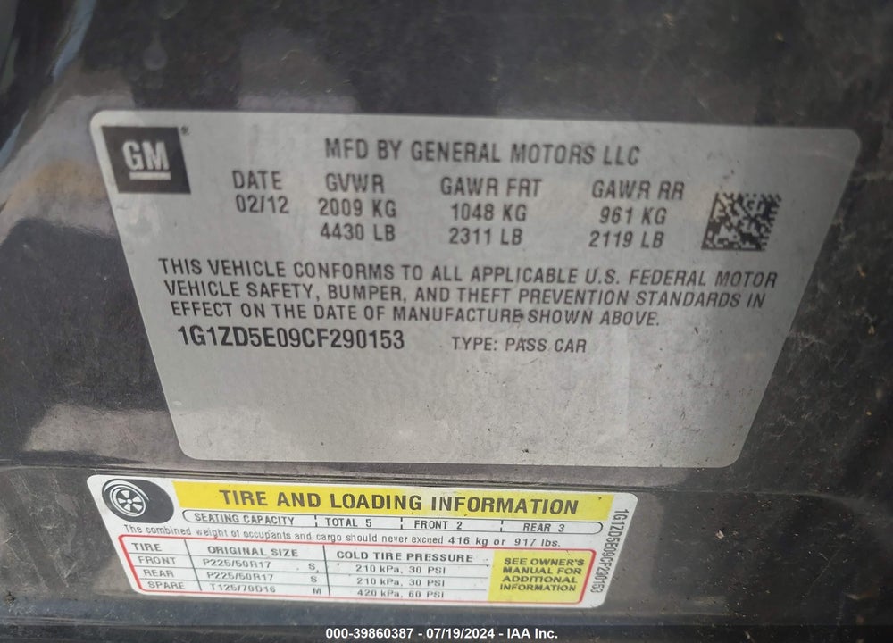 2012 CHEVROLET MALIBU 2LT VIN: 1G1ZD5E09CF290153