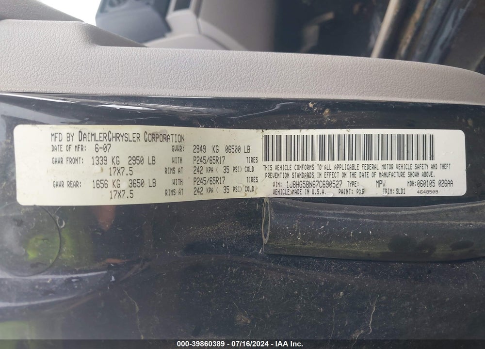 2007 JEEP COMMANDER LIMITED VIN: 1J8HG58N67C690527