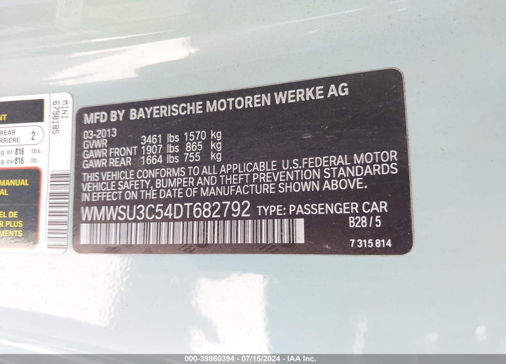 2013 MINI HARDTOP COOPER VIN: WMWSU3C54DT682792