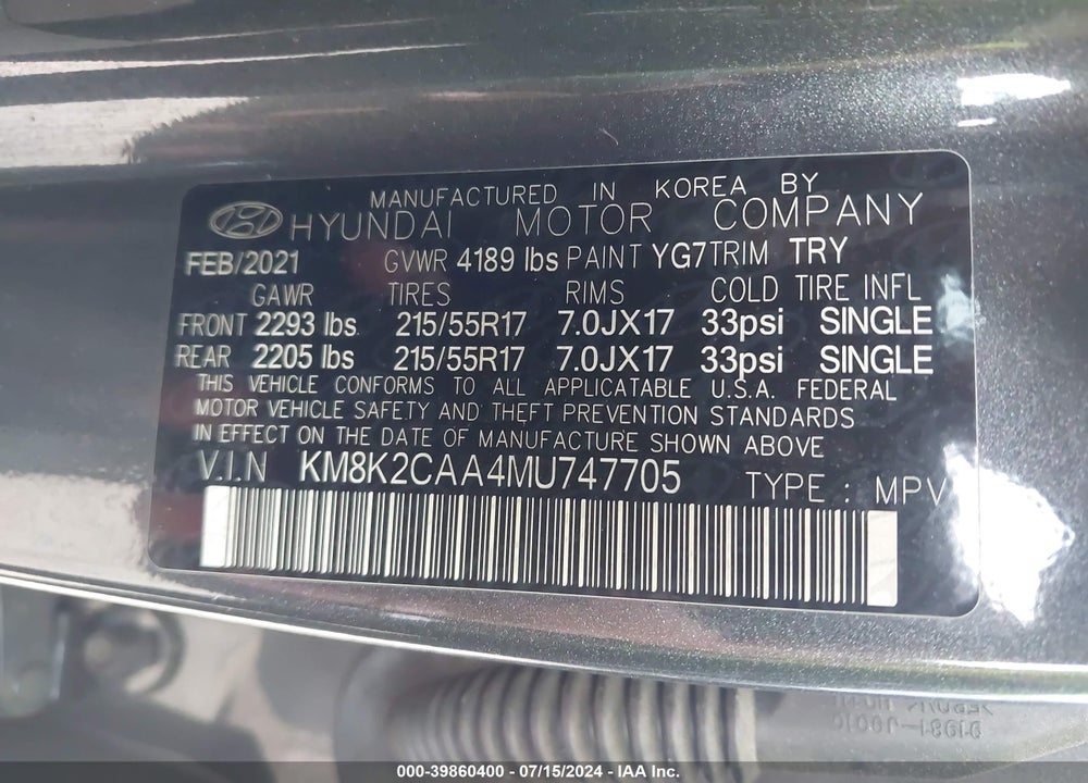 2021 HYUNDAI KONA SEL VIN: KM8K2CAA4MU747705