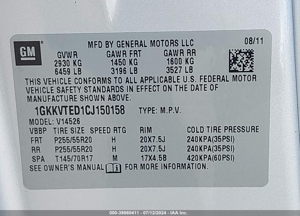 2012 GMC ACADIA DENALI VIN: 1GKKVTED1CJ150158