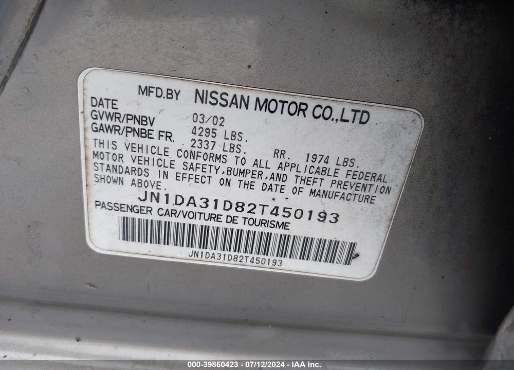 2002 NISSAN MAXIMA GLE VIN: JN1DA31D82T450193