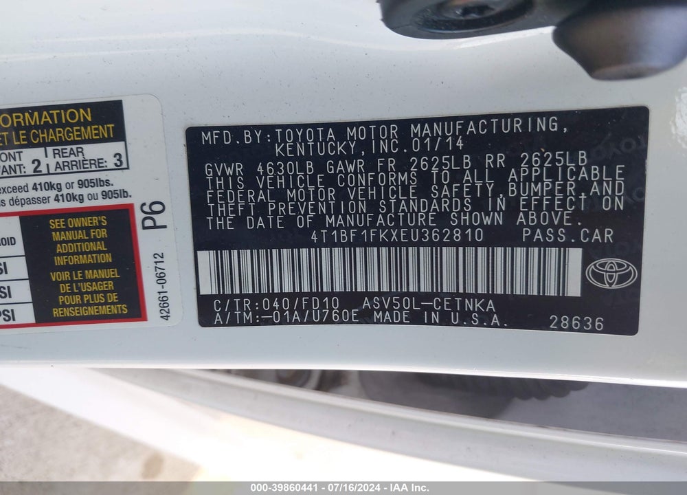 2014 TOYOTA CAMRY LE VIN: 4T1BF1FKXEU362810