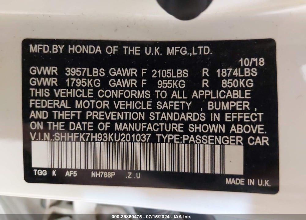 2019 HONDA CIVIC SPORT TOURING VIN: SHHFK7H93KU201037