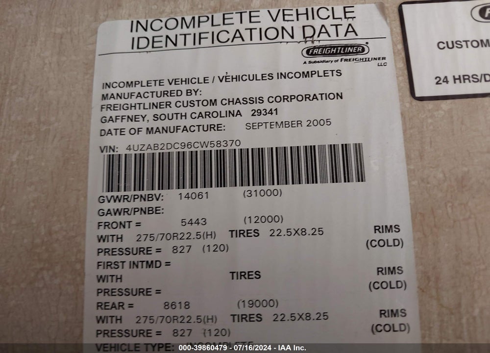 2006 FREIGHTLINER CHASSIS X LINE MOTOR HOME VIN: 4UZAB2DC96CW58370