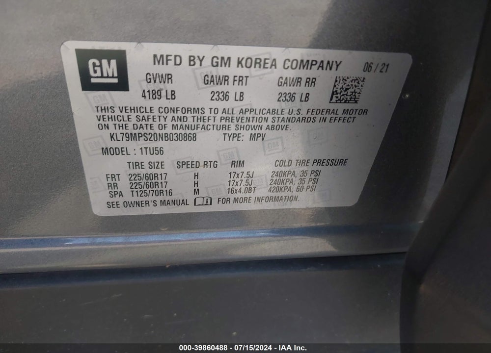 2022 CHEVROLET TRAILBLAZER FWD LT VIN: KL79MPS20NB030868