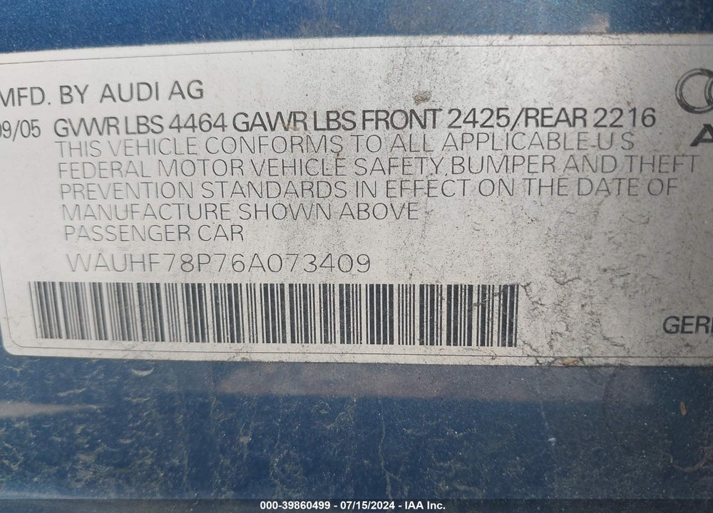 2006 AUDI A3 2.0T VIN: WAUHF78P76A073409