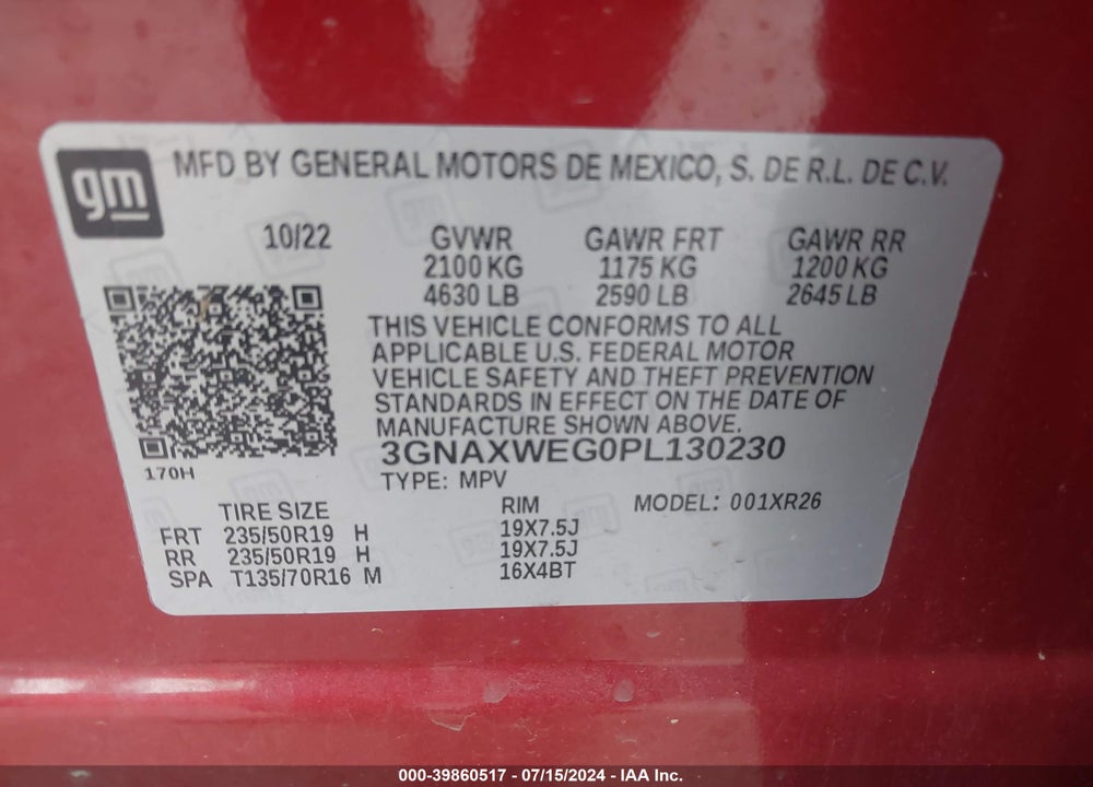 2023 CHEVROLET EQUINOX AWD RS VIN: 3GNAXWEG0PL130230