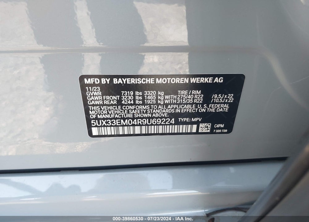 2024 BMW X7 M60I VIN: 5UX33EM04R9U69224