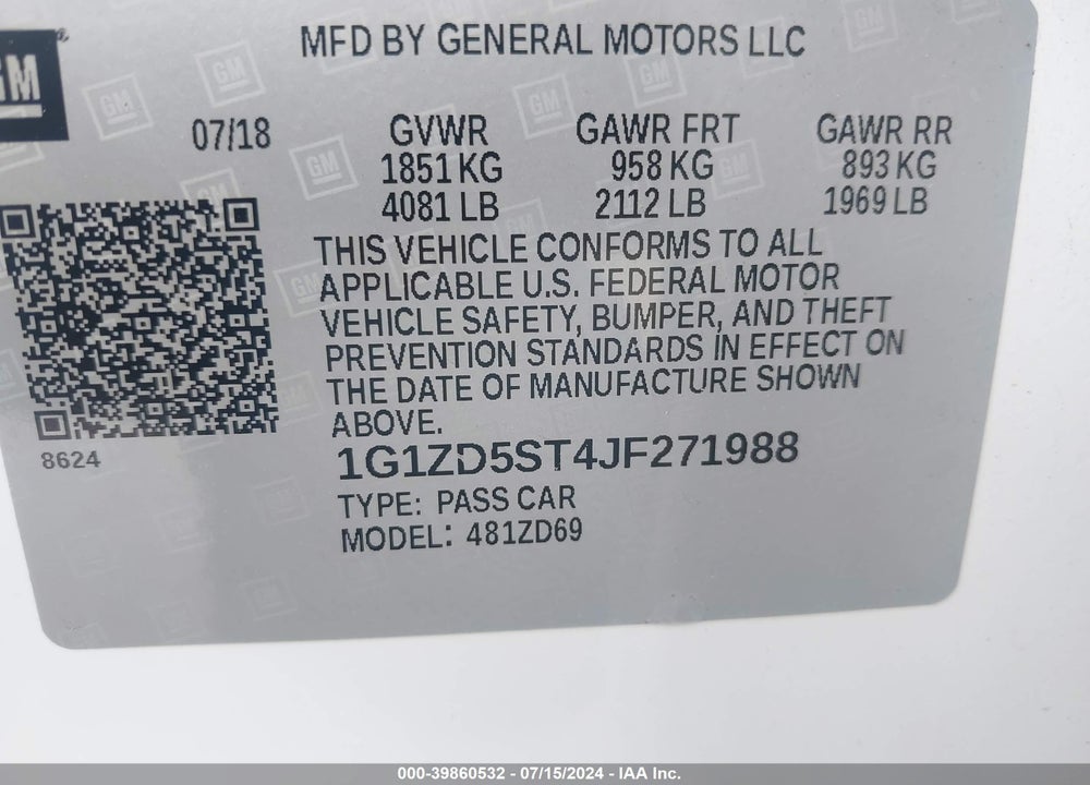 2018 CHEVROLET MALIBU LT VIN: 1G1ZD5ST4JF271988