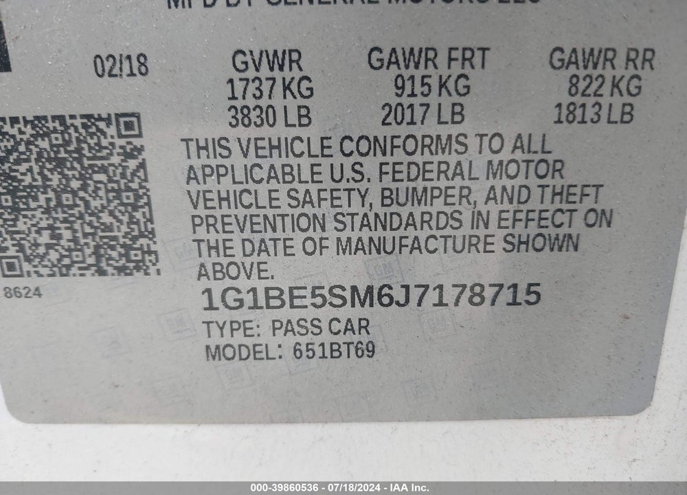 2018 CHEVROLET CRUZE LT AUTO VIN: 1G1BE5SM6J7178715