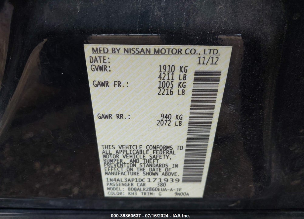 2013 NISSAN ALTIMA 2.5 S VIN: 1N4AL3AP1DC171939