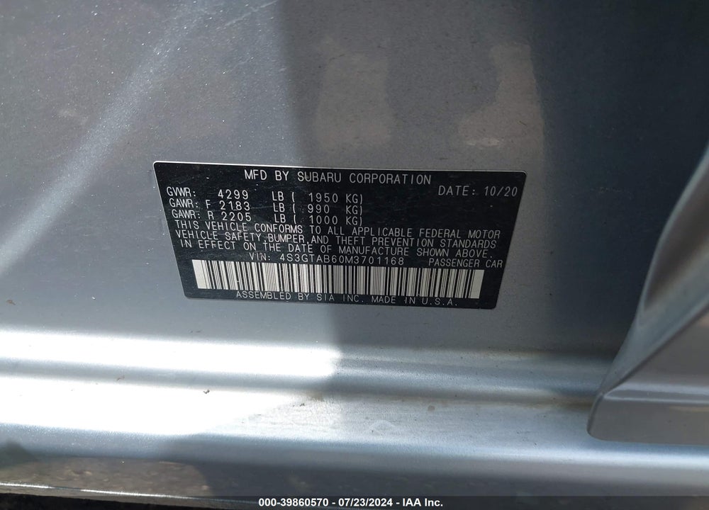 2021 SUBARU IMPREZA 5-DOOR VIN: 4S3GTAB60M3701168