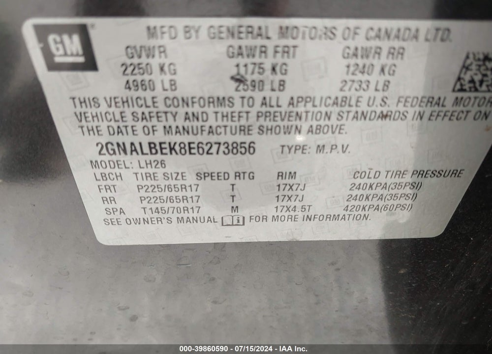 2014 CHEVROLET EQUINOX 1LT VIN: 2GNALBEK8E6273856
