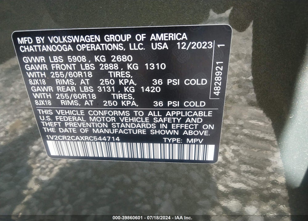 2024 VOLKSWAGEN ATLAS 2.0T PEAK EDITION SE W/TECHNOLOGY VIN: 1V2CR2CAXRC544714