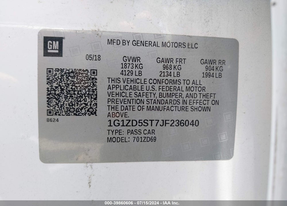 2018 CHEVROLET MALIBU LT VIN: 1G1ZD5ST7JF236040