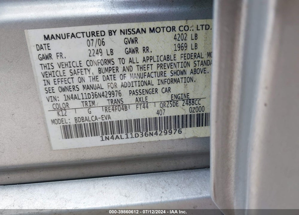 2006 NISSAN ALTIMA 2.5 S VIN: 1N4AL11D36N429976