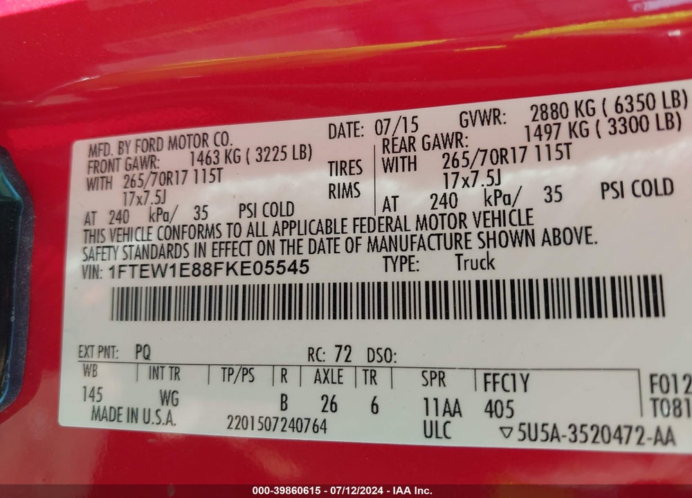 2015 FORD F-150 XL VIN: 1FTEW1E88FKE05545