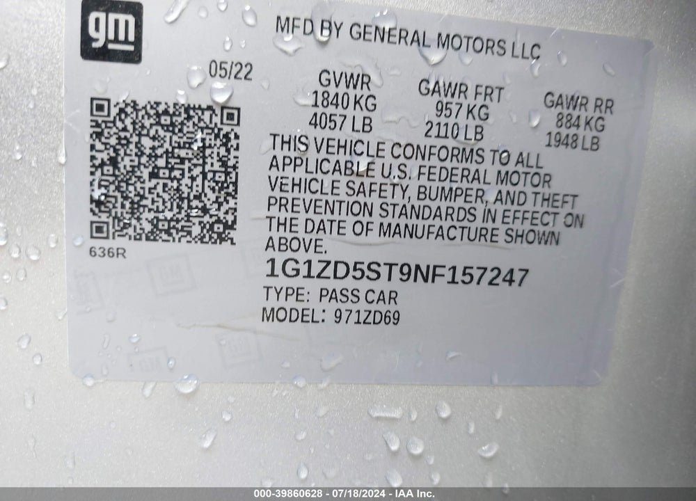 2022 CHEVROLET MALIBU FWD LT VIN: 1G1ZD5ST9NF157247