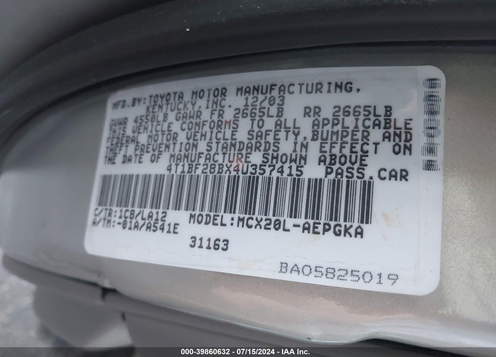 2004 TOYOTA AVALON XLS VIN: 4T1BF28BX4U357415