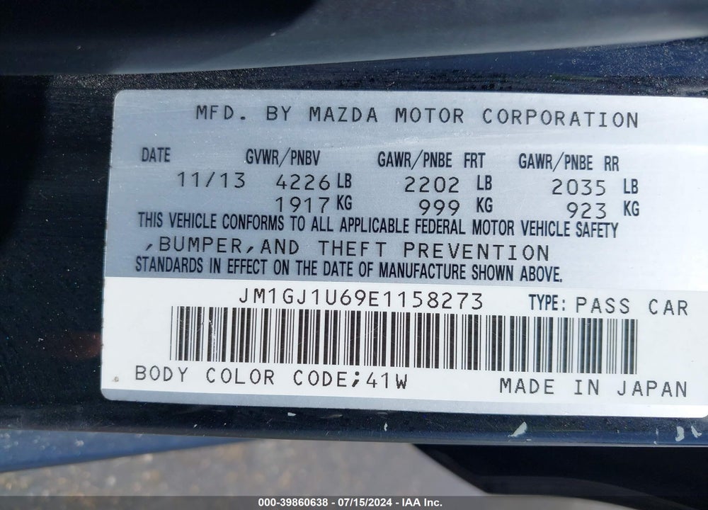 2014 MAZDA MAZDA6 VIN: JM1GJ1U69E1158273