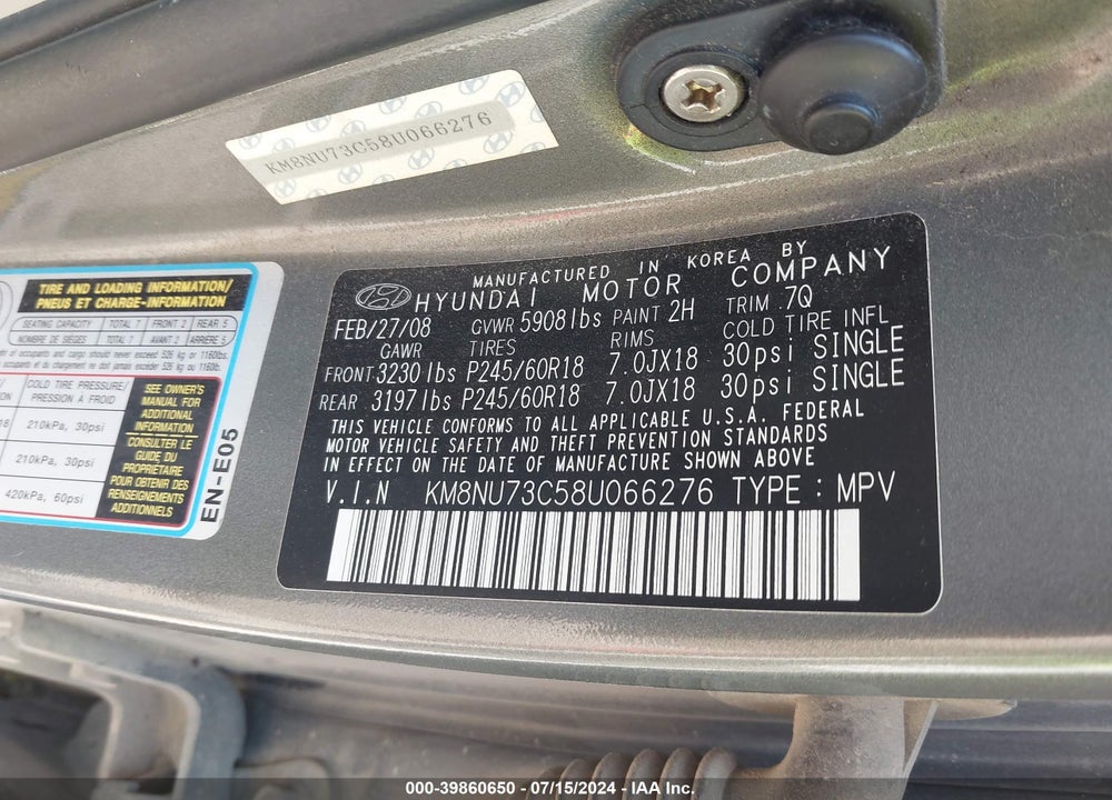 2008 HYUNDAI VERACRUZ GLS/LIMITED/SE VIN: KM8NU73C58U066276