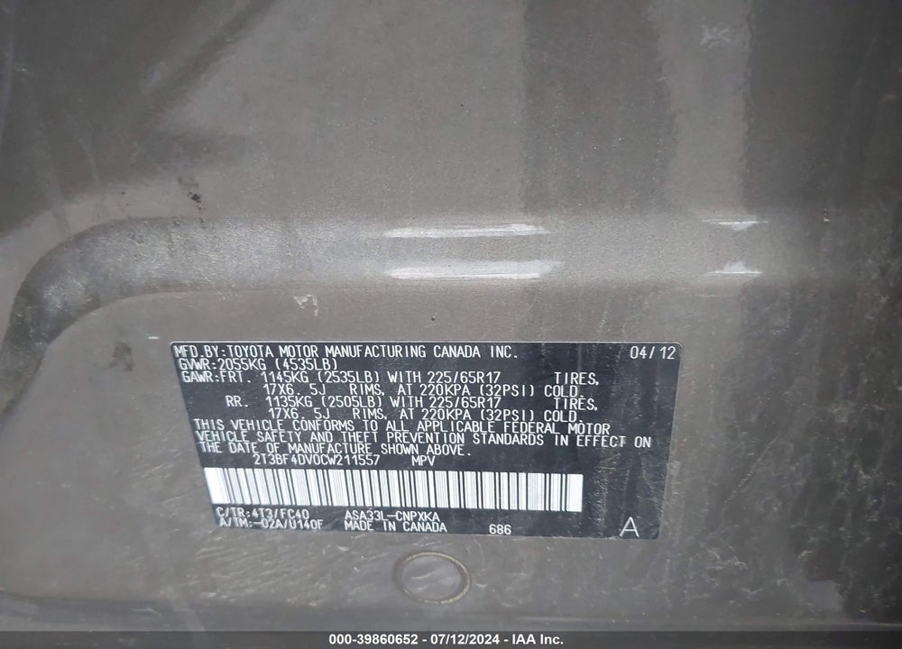 2012 TOYOTA RAV4 VIN: 2T3BF4DV0CW211557