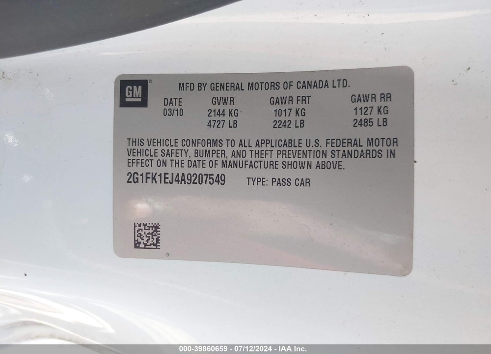 2010 CHEVROLET CAMARO 2SS VIN: 2G1FK1EJ4A9207549