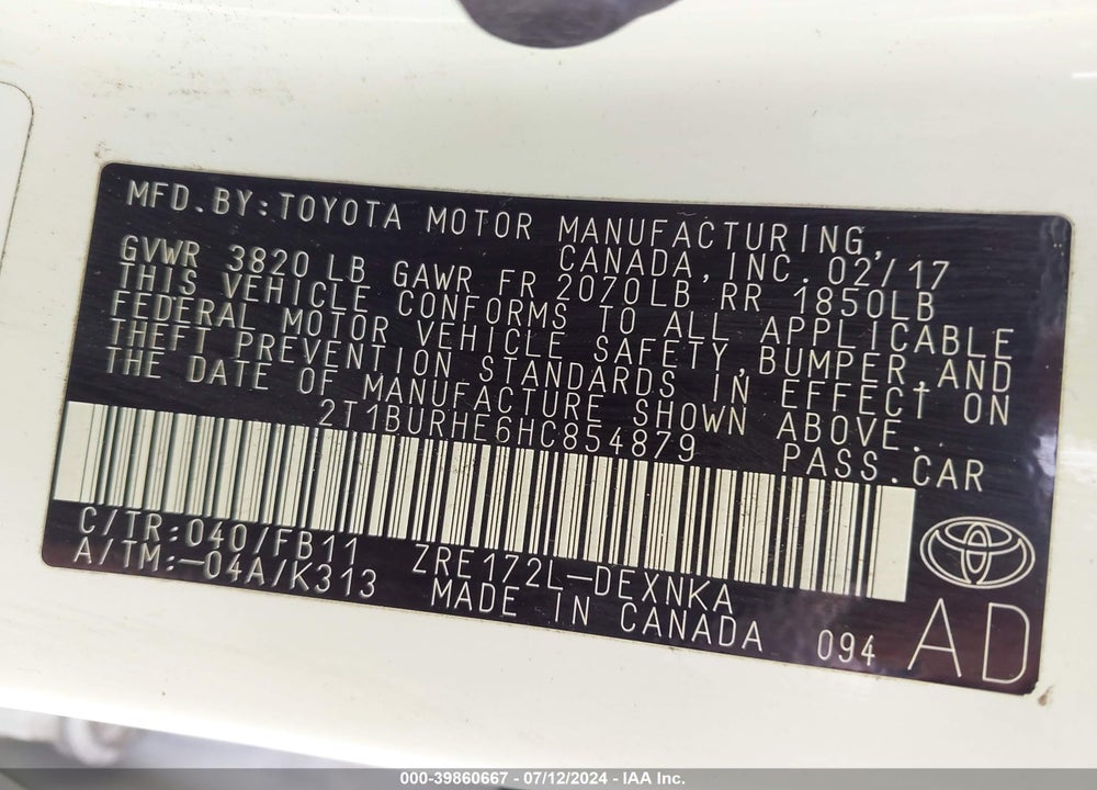 2017 TOYOTA COROLLA LE VIN: 2T1BURHE6HC854879