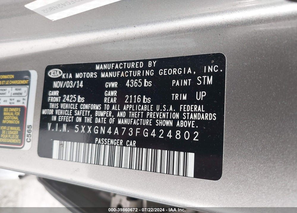 2015 KIA OPTIMA EX VIN: 5XXGN4A73FG424802